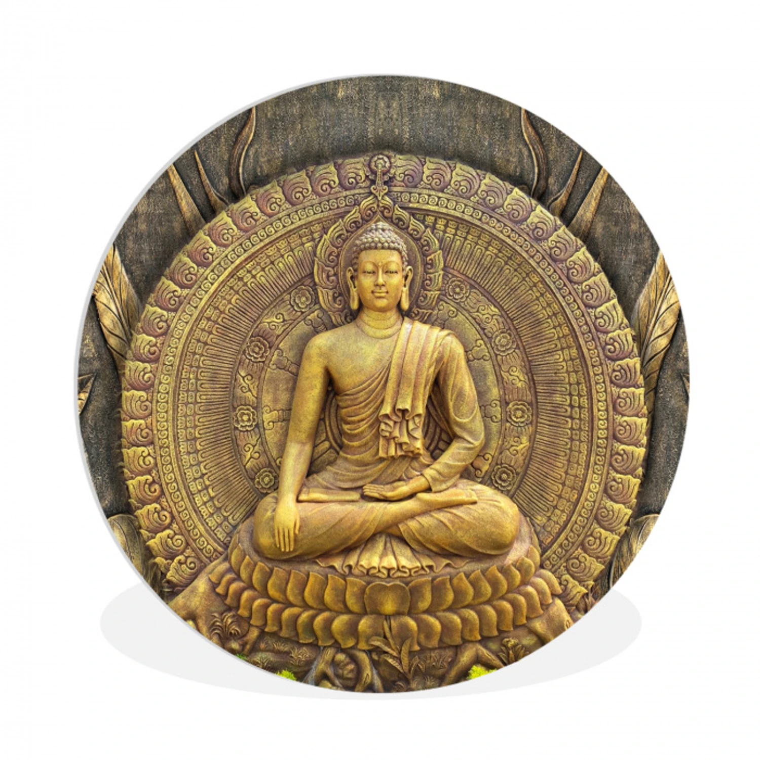 Goud - Boeddha beeld - Spiritueel - Meditatie Wandcirkel kunststof plaat 5mm dik klein -3d