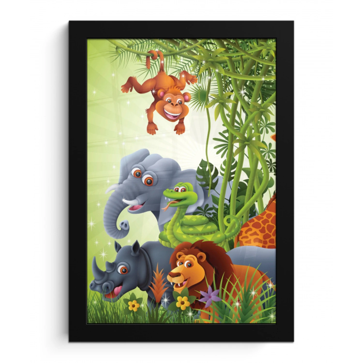 Jungle dieren - Planten - Kinderen - Olifant - Giraf - Leeuw fotolijst zwart zonder passe partout klein -3d