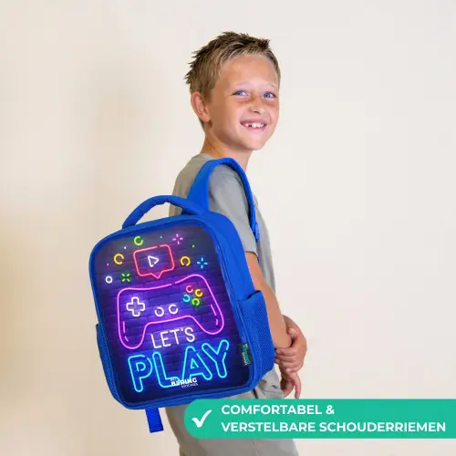 Neoncontroller tegen een bakstenen muur Kinderrugzak - Blauw middel -sfeer3_NL