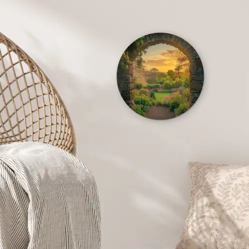 Poort - Planten - Zonsondergang Wandcirkel kunststof plaat 5mm dik klein -sfeer5