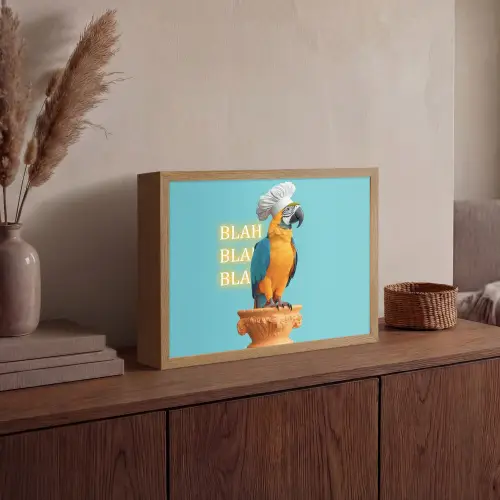 Papegaai - Koksmuts - Quote - Neon Light Box met batterij (Wandlamp) middel -sfeer2