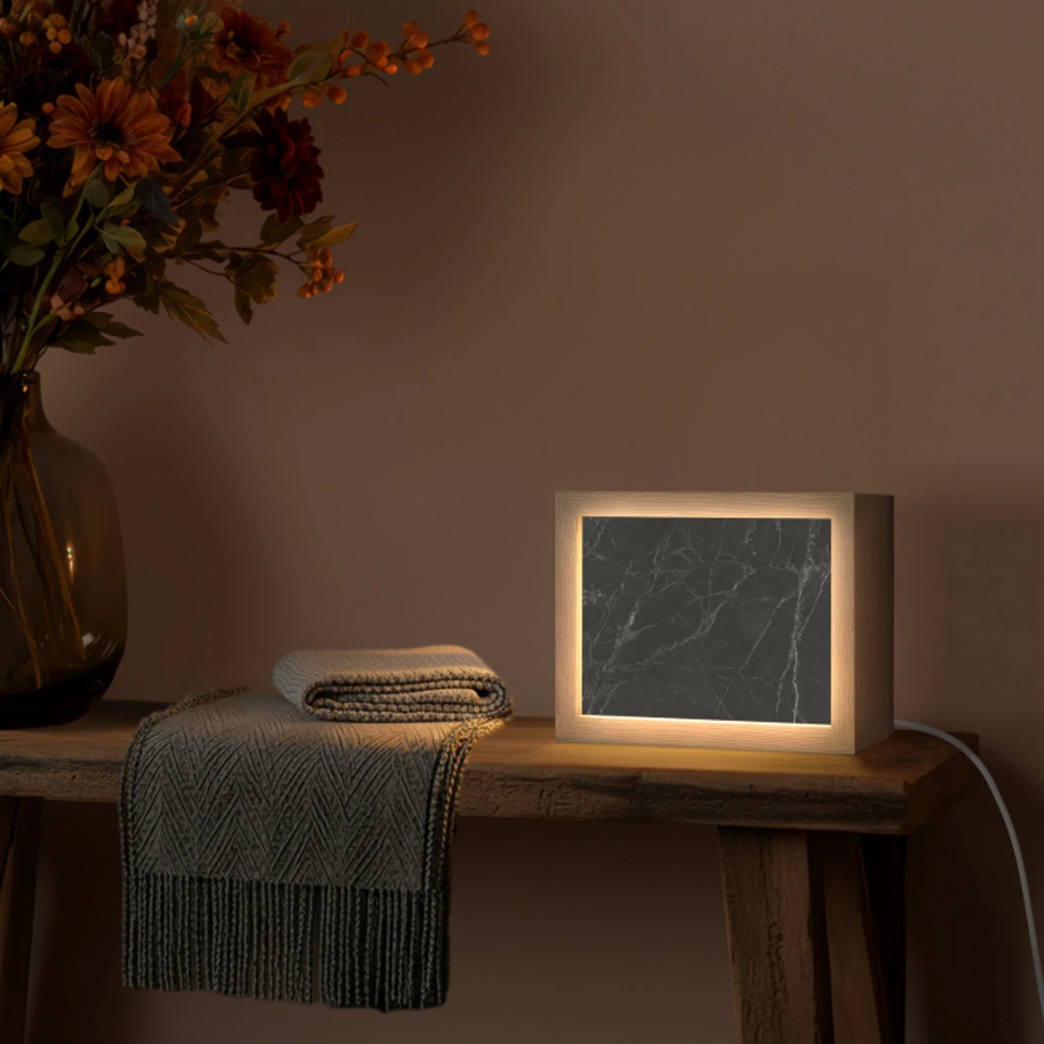 Marmer - Zwart Light Box met kabel (Tafellamp) klein -sfeer4