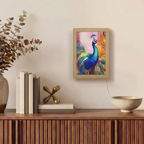 Pauw - Dieren - Schilderij - Regenboog Light Box met kabel (Tafellamp) klein -sfeer2