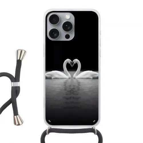 Zwanen - Hart - Zwart - Wit Hoesje iPhone 16 Pro Max met koord klein -3d