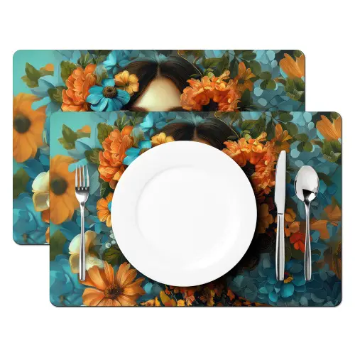 Vrouw - Bloemen - Oranje - Blauw - Modern Placemat vinyl groot -zzsfeer2_Kitchenyeah-website
