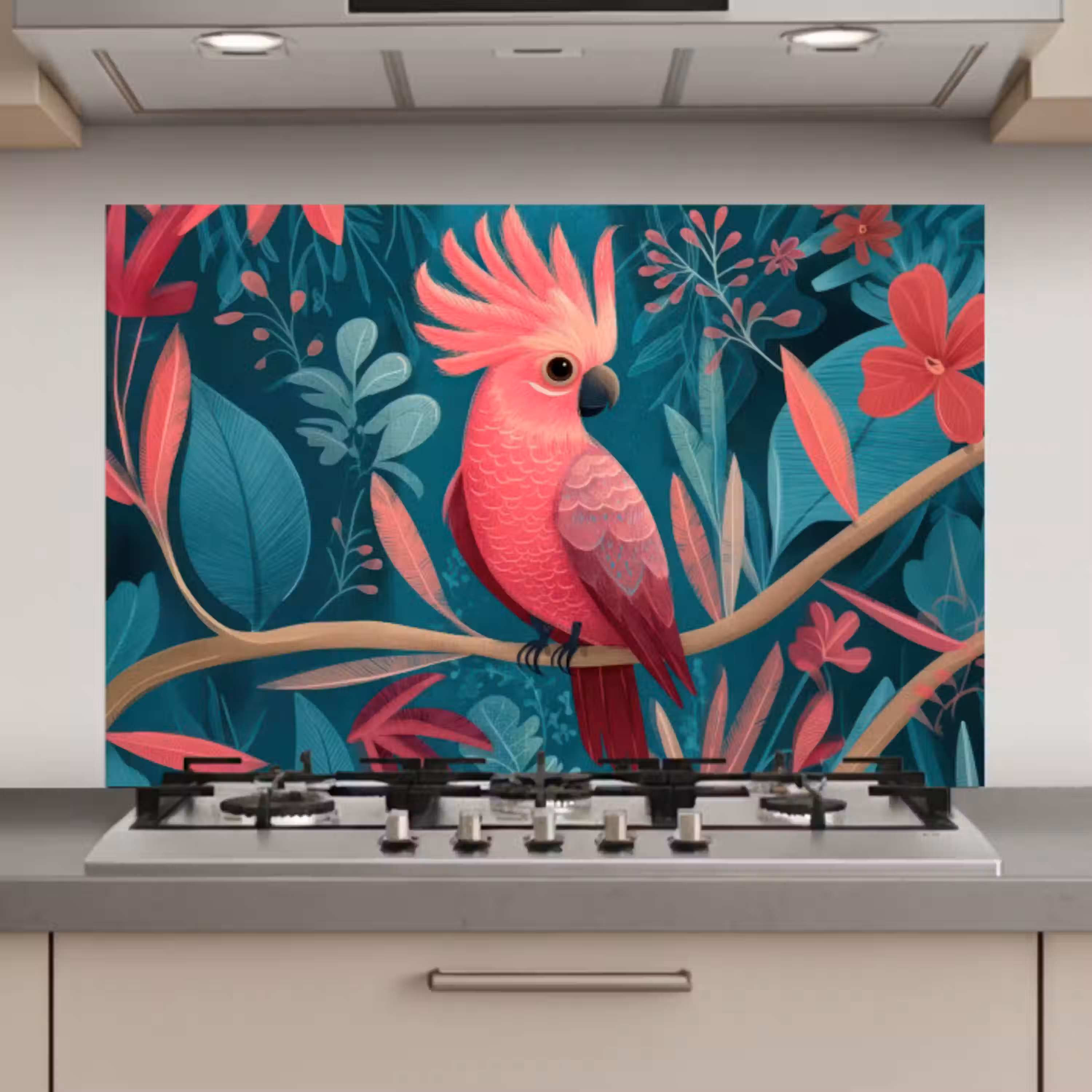 Kaketoe - Tropische bladeren - Tak keuken achterwand spatscherm klein -3d_website