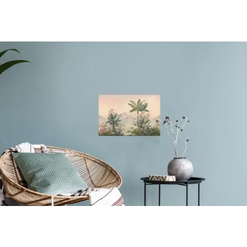 Tropisch landschap - palmbomen - Bloemen - Roze lucht Muursticker klein -plant