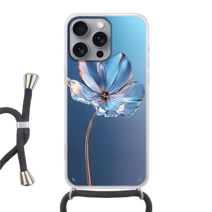 Blauw - Bloem - Glazen - Sierlijk Hoesje iPhone 16 Pro Max met koord klein -3d