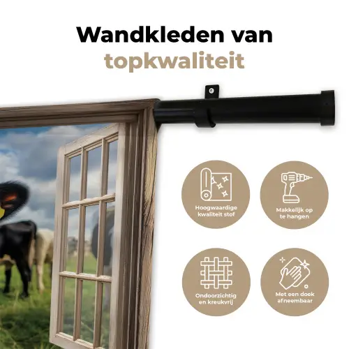 Doorkijk - Koe - Weiland - Dieren - Natuur Wandkleed katoen klein -sfeer2