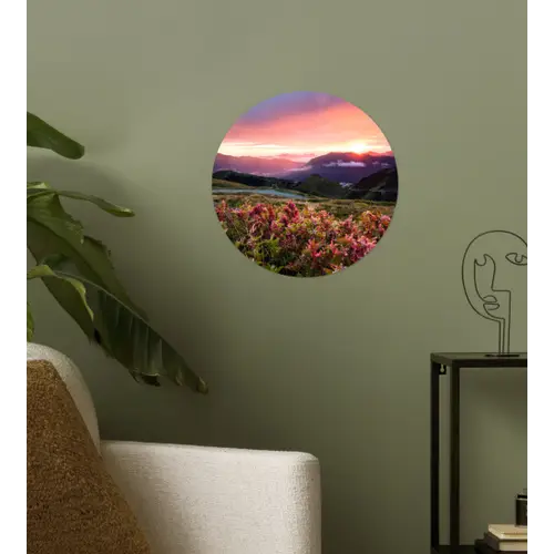 Bloemen - Bergen - Landschap - Nacht - Lucht - Roze Wandcirkel behangsticker klein -sfeer2