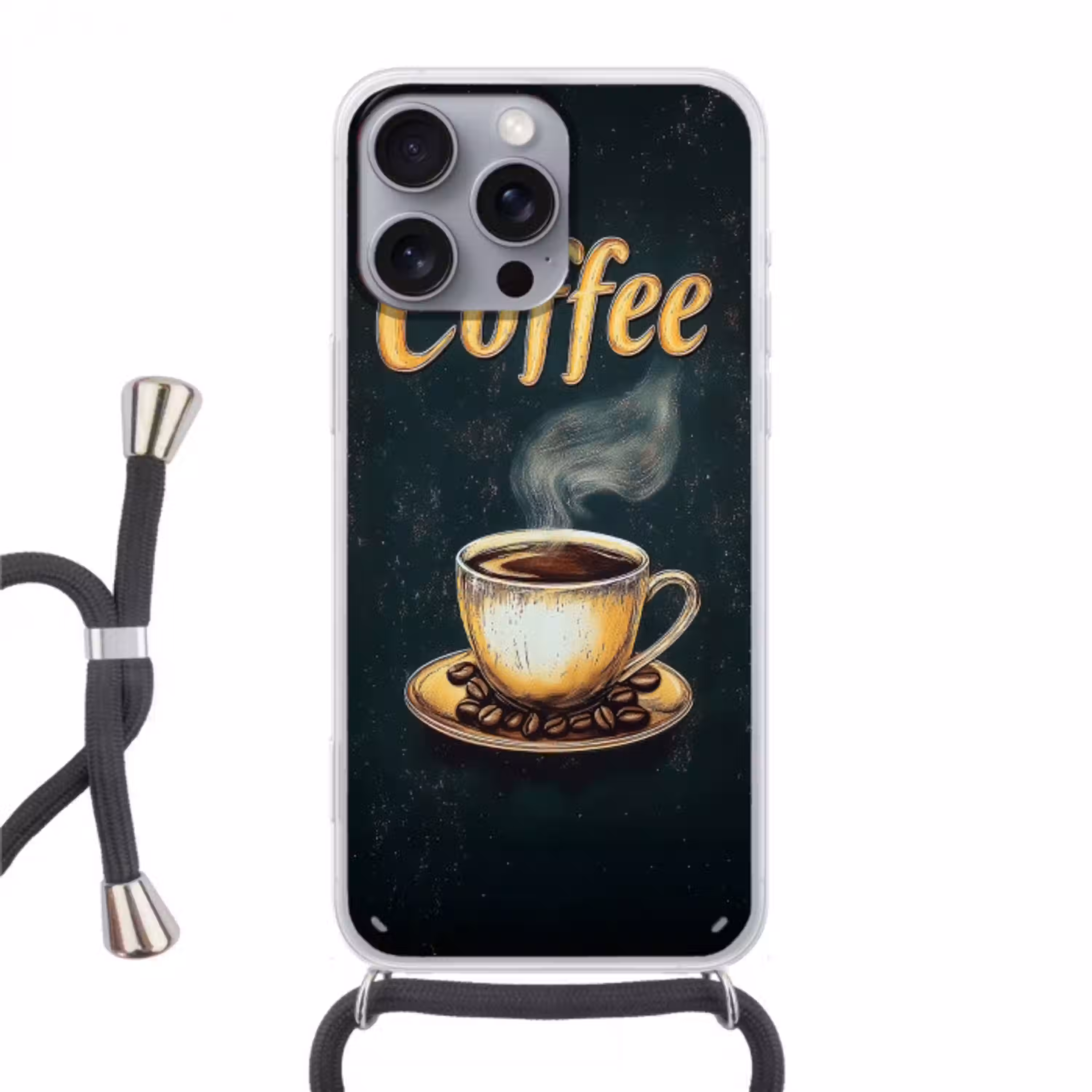 Koffie - Schotel - Koffiebonen - Retro Hoesje iPhone 16 Pro Max met koord klein -3d