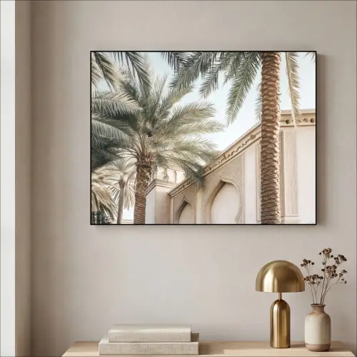 Gebouw - Palmbomen - Beige - Zon Textielframe zwart klein -sfeer2