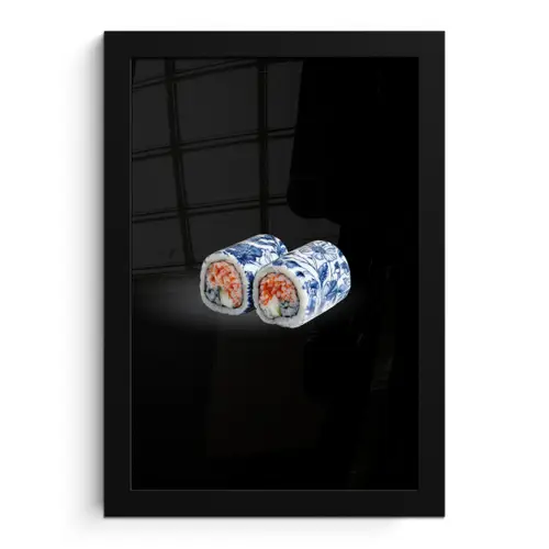 Sushi - Delfts blauw - Rijst - Vis - Elegant fotolijst zwart zonder passe partout klein -3d