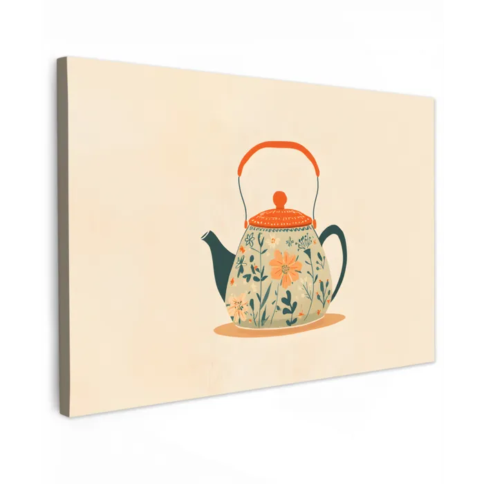 Oranje - Theepot - Bloemen - Bladeren Tuinposter op houten frame 2 cm dik klein -3d