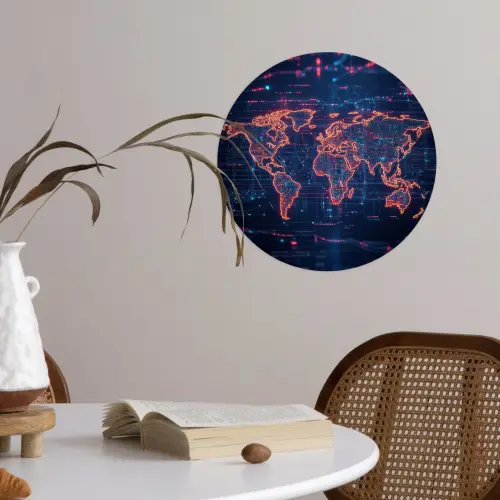 Wereldkaart - Futuristisch - Oranje Wandcirkel behangsticker klein -sfeer3