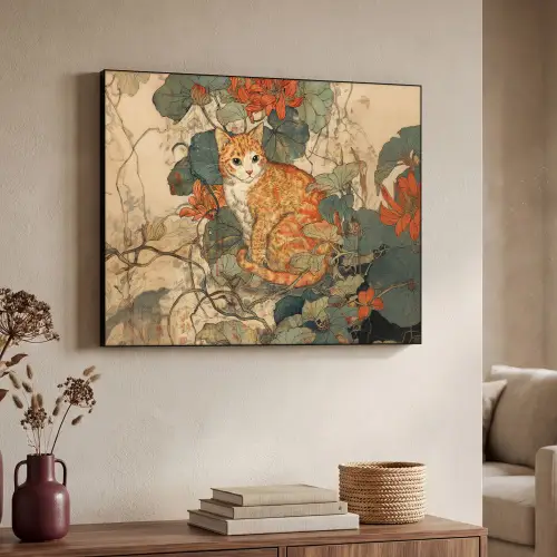 Kat - Sierlijk - Bloemen Textielframe zwart klein -sfeer3