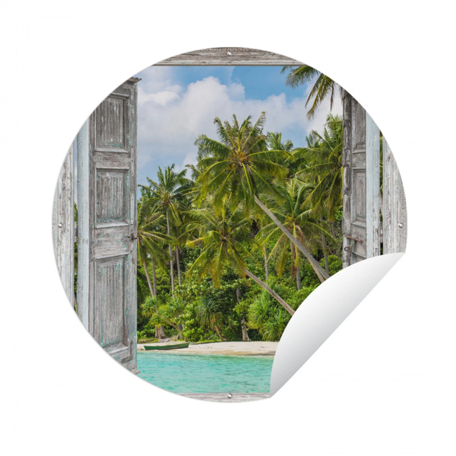 Palm - Zee - Doorkijk - Tropisch Wandcirkel tuinposter met ringen klein -3d