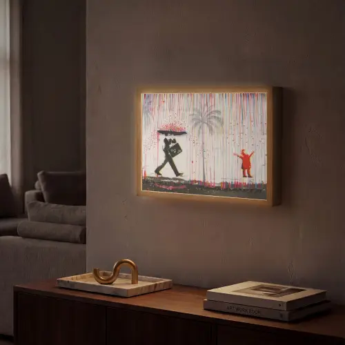 Regen - Graffiti - Man - Banksy Style Light Box met batterij (Wandlamp) middel -sfeer1