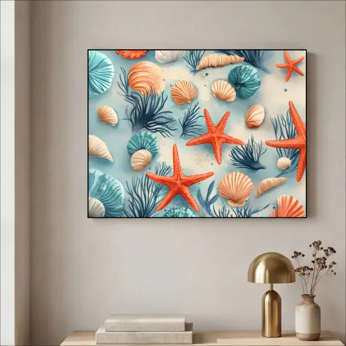 Zeesterren - Schelpen - Illustratie - Zand Textielframe zwart klein -sfeer2