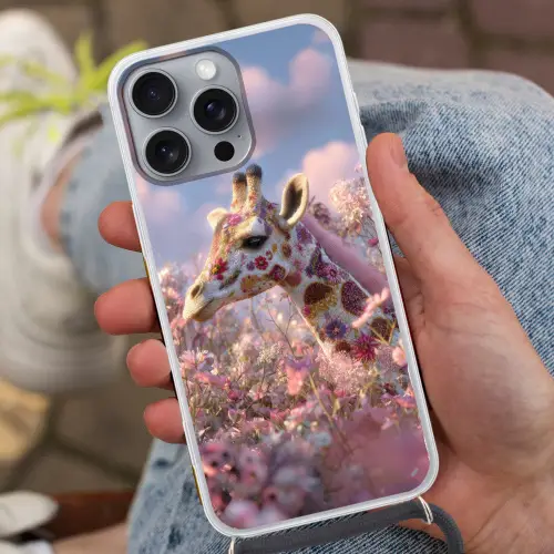 Giraffe - Bloemen - Roze Hoesje iPhone 16 Pro Max met koord klein -sfeer3