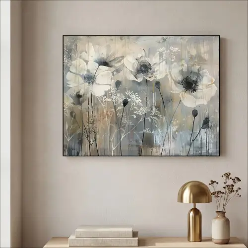 Bloemen - Planten - Grijs - Abstract Textielframe zwart klein -sfeer2
