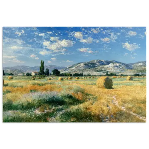 Landschap - Strobalen - Bergen - Wolken poster papier klein -3d