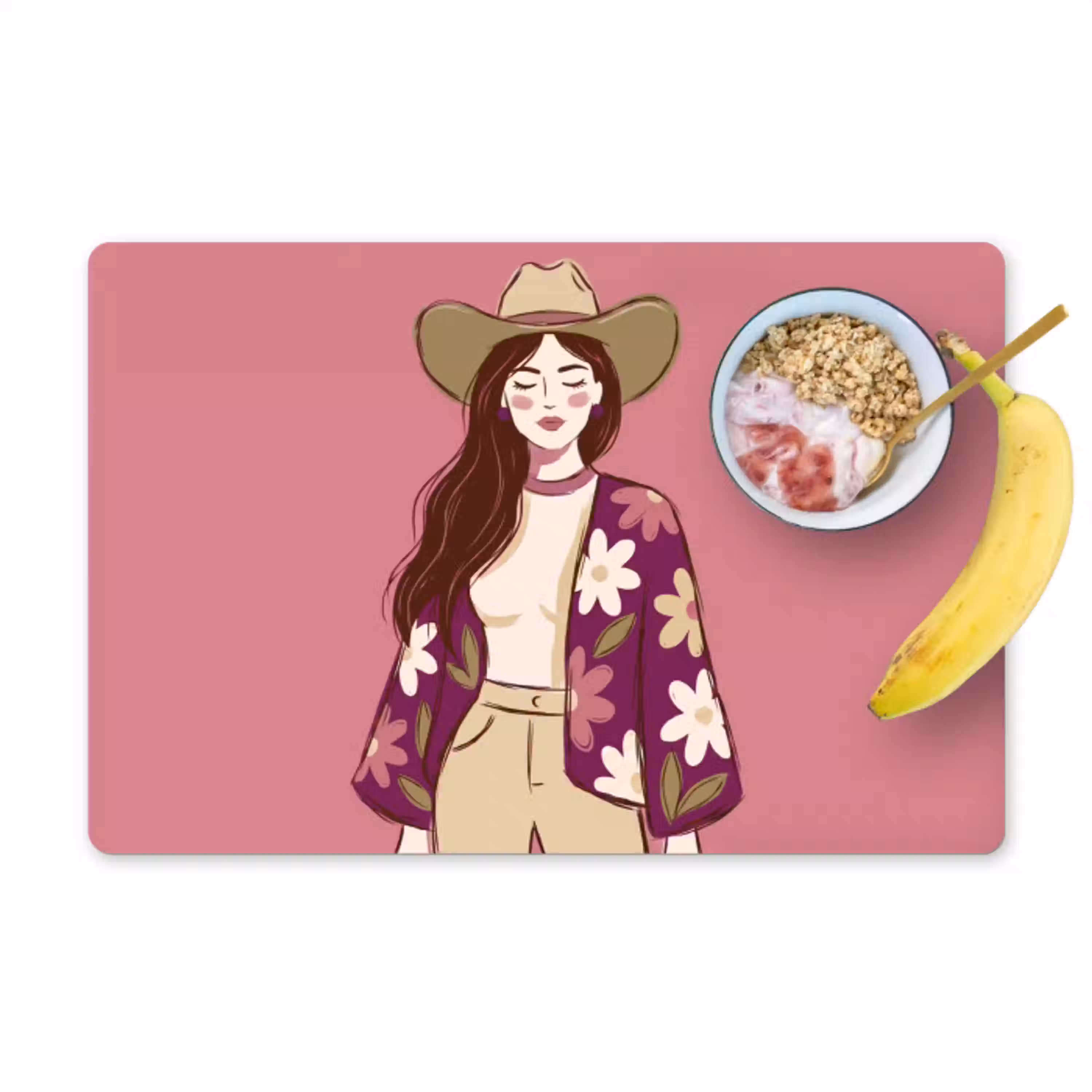 Vrouw - Hoed - Portret - Illustratie - Roze Placemat vinyl groot -zzzproduct_Kitchenyeah-website