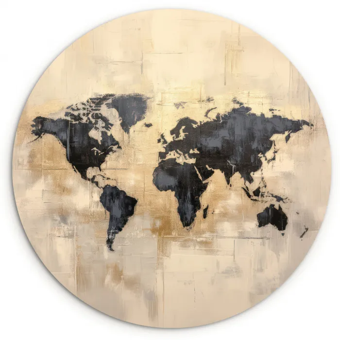 Wereldkaart - Goud - Zwart - Abstract Wandcirkel kunststof plaat 5mm dik klein -3d