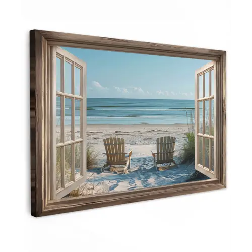 Doorkijk - Strandstoelen - Duinen - Zee - Natuur Tuinposter op houten frame 2 cm dik klein -3d