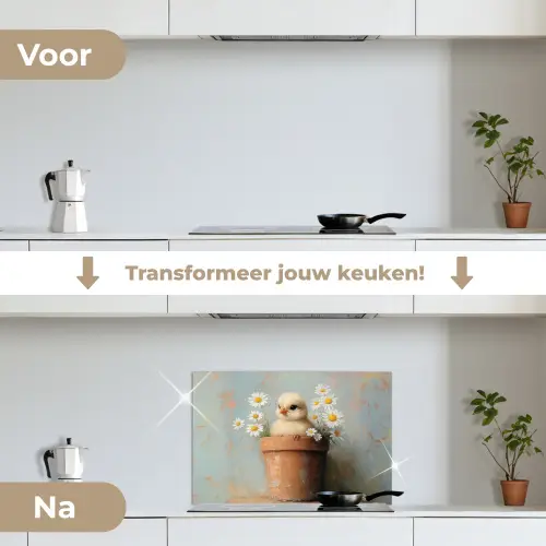 Bloempot - Kuiken - Bloemetjes keuken achterwand spatscherm klein -voor_na_NL