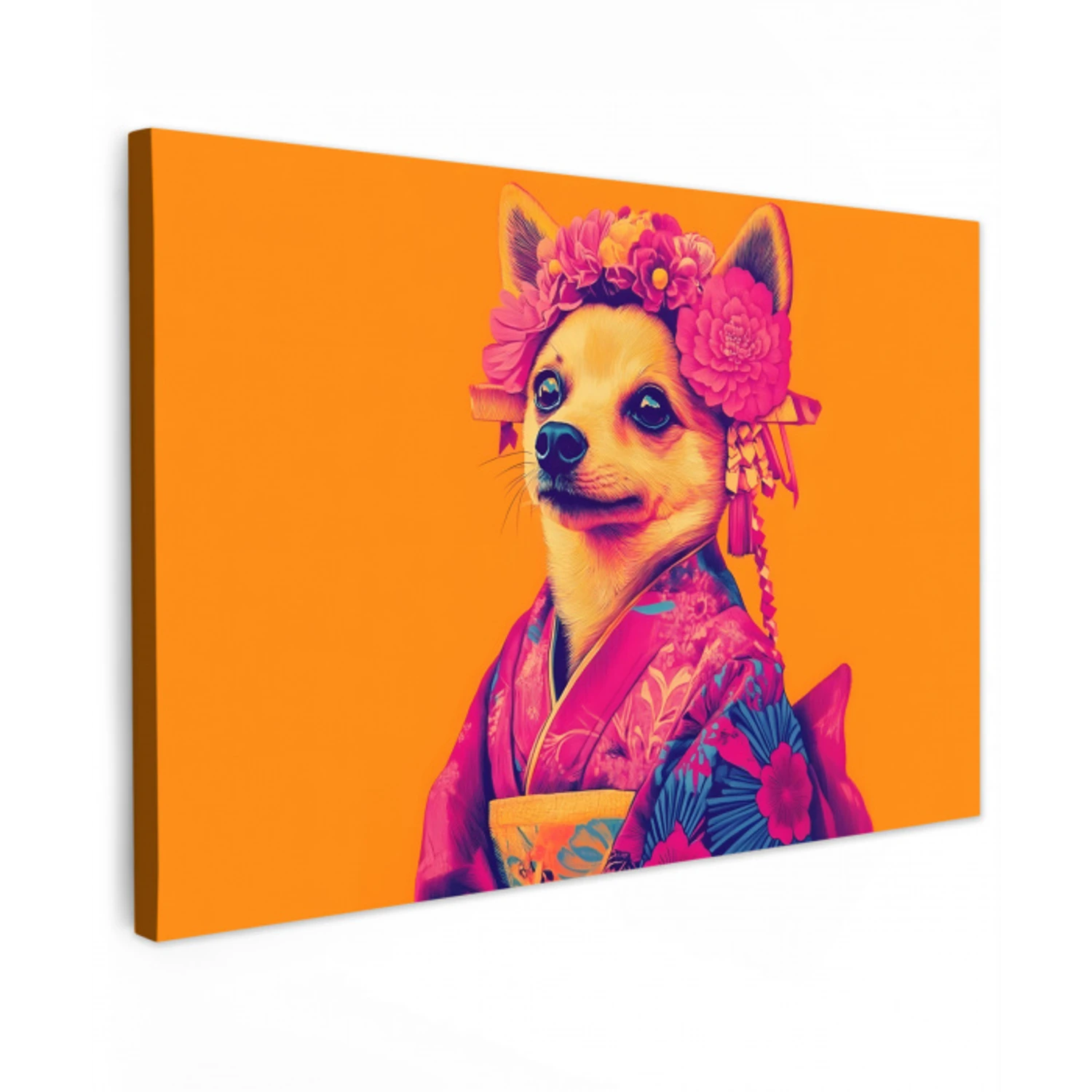 Kimono - Hondje - Bloemenkroon - Oranje Tuinposter op houten frame 2 cm dik klein -3d