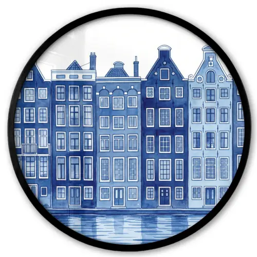 Aquarel - Grachtenpanden - Delfts - Blauw Fotolijst rond zonder passe partout klein -3d