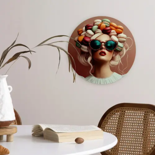 Vrouw - Macarons - Bril Wandcirkel plexiglas klein -sfeer4
