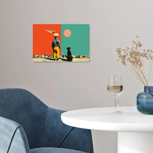 Retro - Jongen - Hond - Rood - Groen poster papier klein -sfeer3