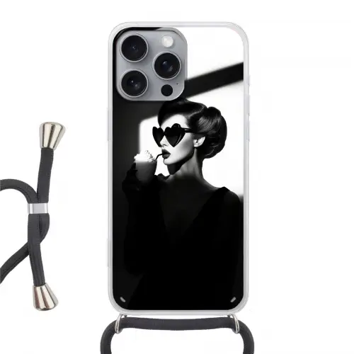 Vrouw - Zwart - Hart Hoesje iPhone 16 Pro Max met koord klein -3d