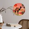 Kameel - Gekleurd tapijt - Duinen - Rode zon Wandcirkel behangsticker klein -sfeer3