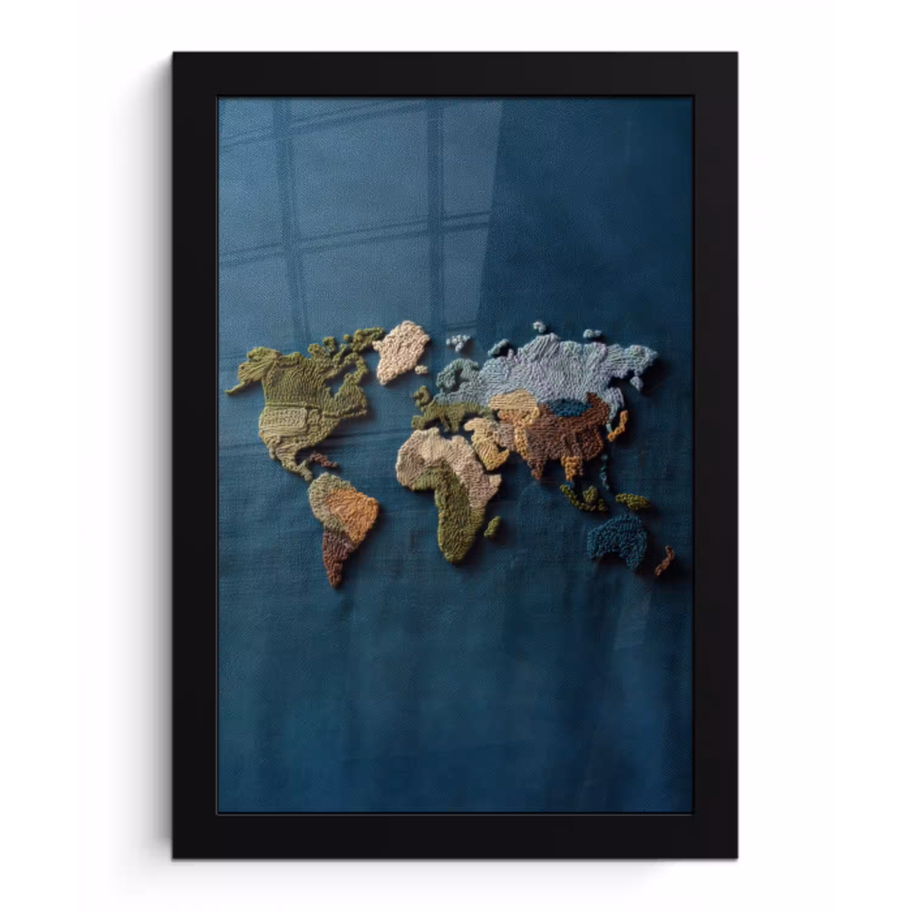 Wereldkaart - Geborduurd - Verschillende tinten fotolijst zwart zonder passe partout klein -3d