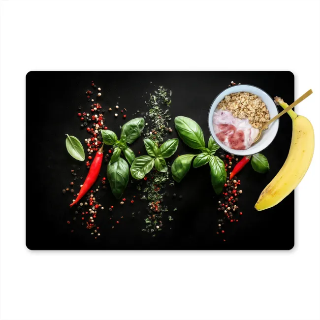 Placemat - 6 stuks - Chilipepers - Basilicum - Blaadjes - Rood