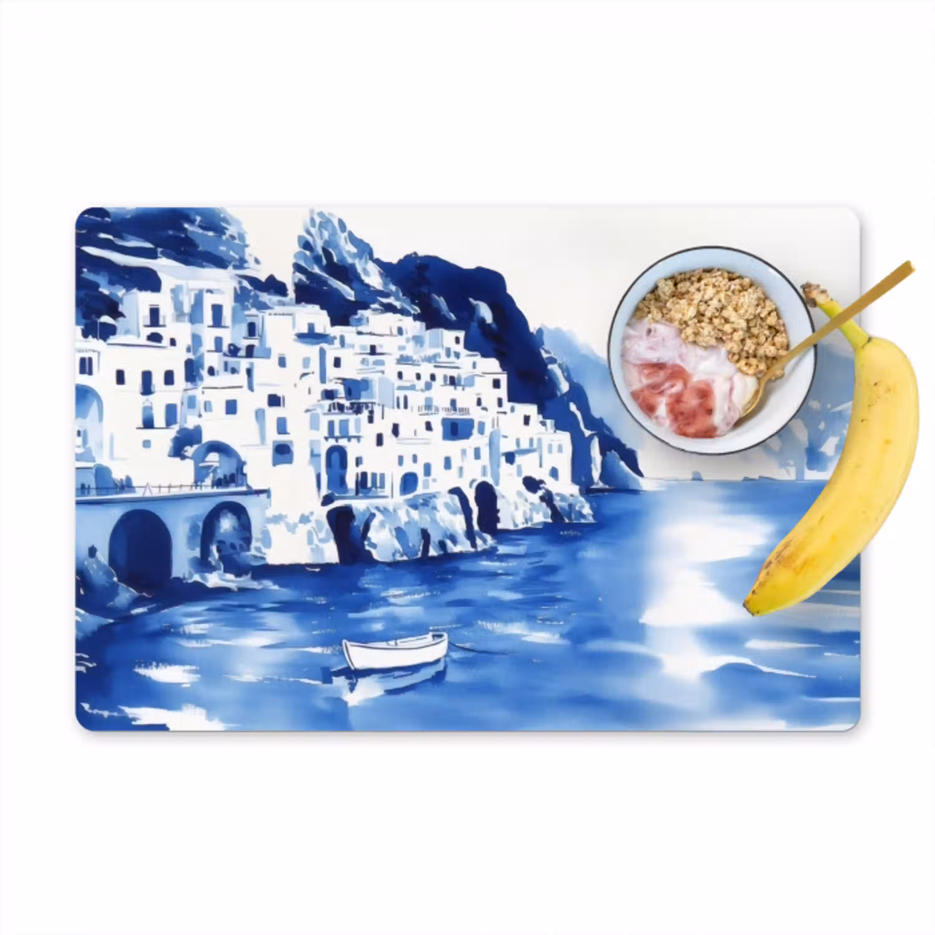 Dorp - Rotswand - Roeiboot - Water Placemat vinyl groot -zzzproduct_Kitchenyeah-website