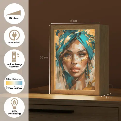 Vrouw - Portret - Goud - Luxe - Blauw Light Box met kabel (Tafellamp) klein -USP_NL