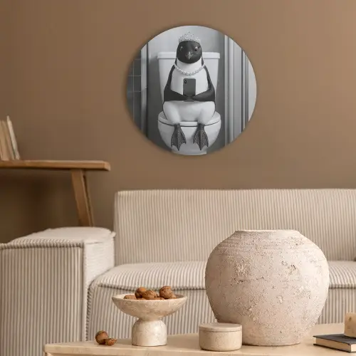 Pinguïn - Telefoon - Toilet - Zwart - Wit Akoestische PET Vilt - Rond klein -sfeer1