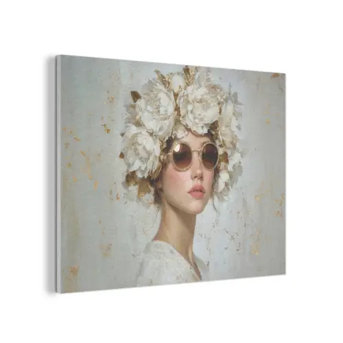 Schilderij - Vrouw - Zonnebril - Bloemenkrans PET vilt klein -3d