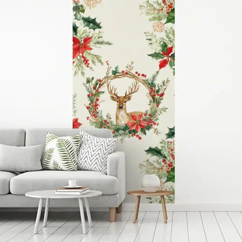 Kerstkrans - Hert - Hulst - Rood fotobehang vinyl groot -woonkamer