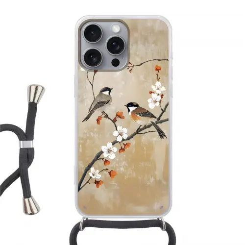 Vogels - Bloesemtak - Bloemen - Oranje Hoesje iPhone 16 Pro Max met koord klein -3d
