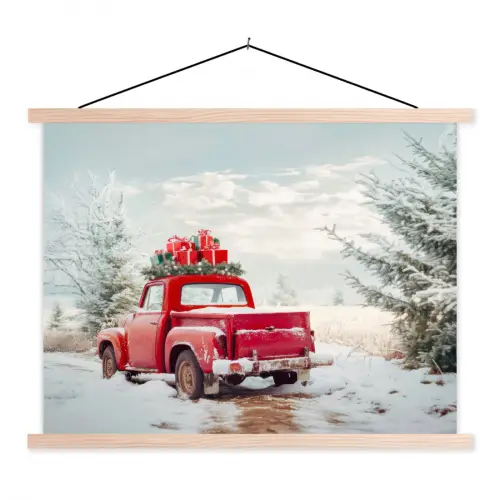 Auto - Rood - Cadeaus - Winter - Sneeuw - Kerst textielposter latten blank klein -3d