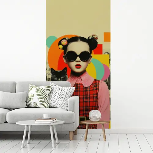 Meisje - Zonnebril - Kat - Retro fotobehang vinyl groot -woonkamer