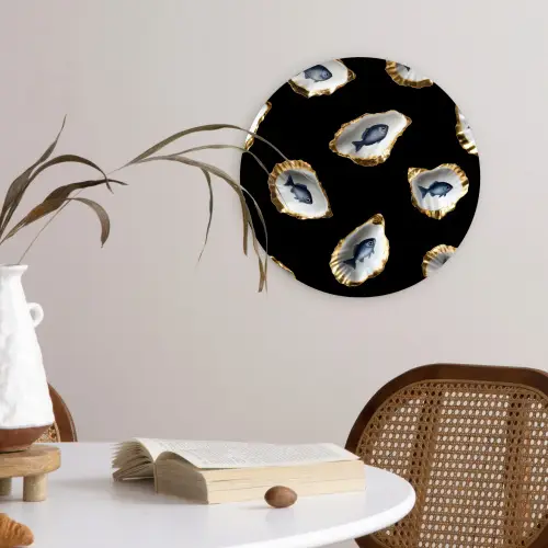 Oesters - Vissen - Blauw - Goud Wandcirkel kunststof plaat 5mm dik klein -sfeer4