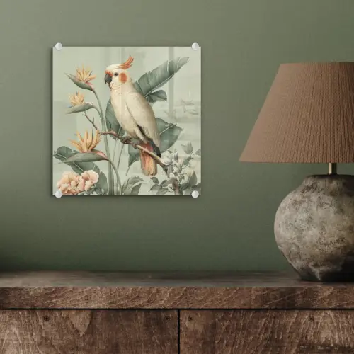 Gele kuifkaketoe - paradijsvogelbloemen - Groen plexiglas 5mm klein -sfeer3