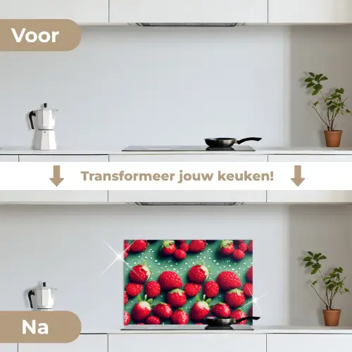 Aardbeien - Rood - Groen - Kroontjes keuken achterwand spatscherm klein 900 -voor_na_NL