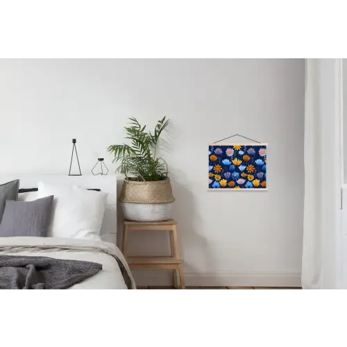 Bloemen - Patroon - Blauw - Contrast textielposter latten blank klein -woonkamer